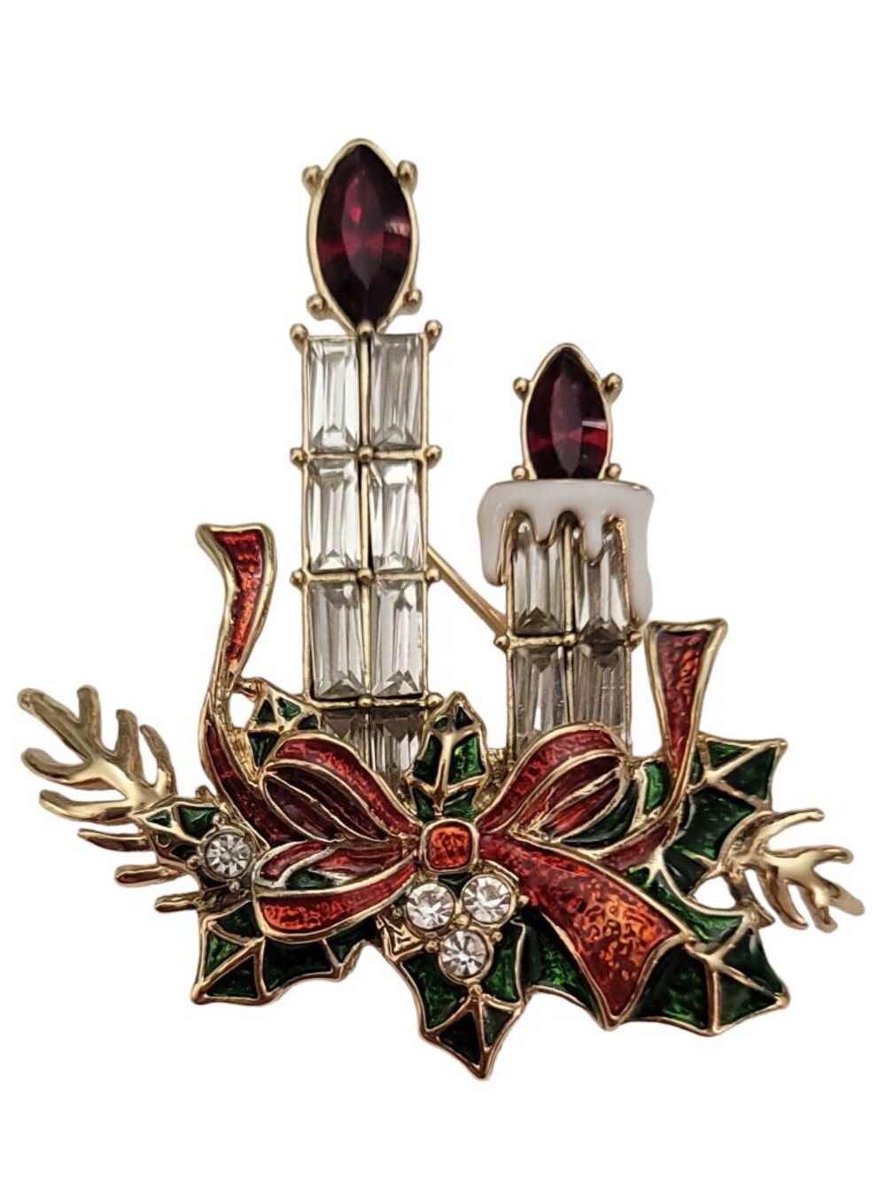 Napier Clear Red Rhinestone Baguette Candle Holly Christmas Brooch, Signed K701